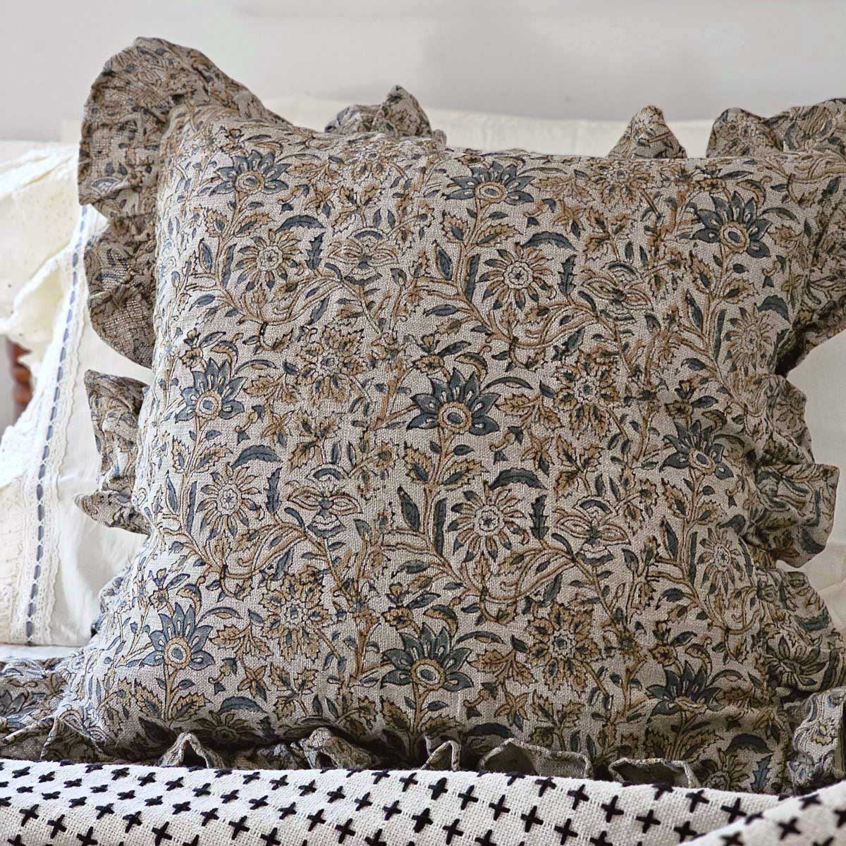 Rustic Linen Block Print and Ruffles Pillow Cover