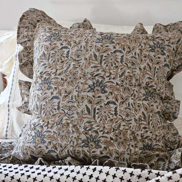Rustic Linen Block Print and Ruffles Pillow Cover