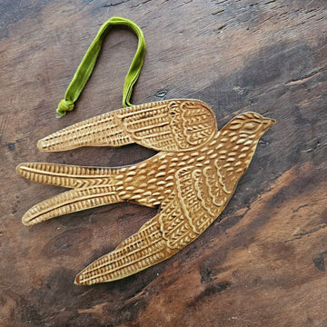Golden Spirit Bird Ornament with Velvet Ribbon