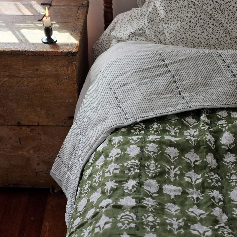 Block Print Kantha Quilt Reversible Throw Blanket