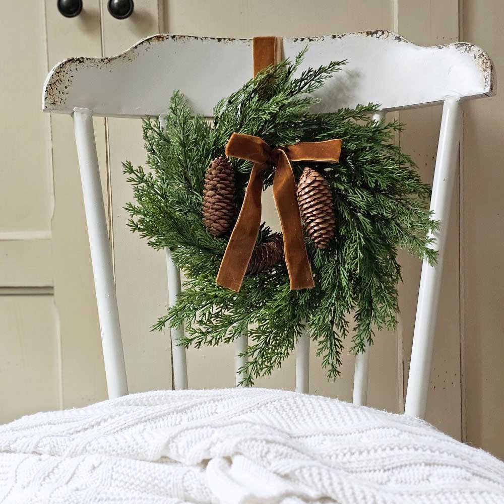 Small Cedar Wreath with Velvet Bow and Hanging Ribbon
