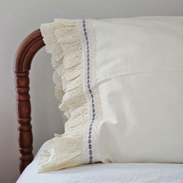 Eyelet Ruffles with Blue Velvet Ribbon Pillowcase, Set of 2