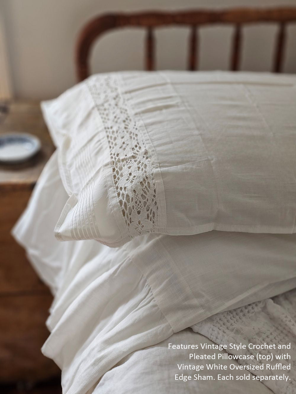 Vintage Style Crochet Lace and Pleated Edge Pillowcase Set